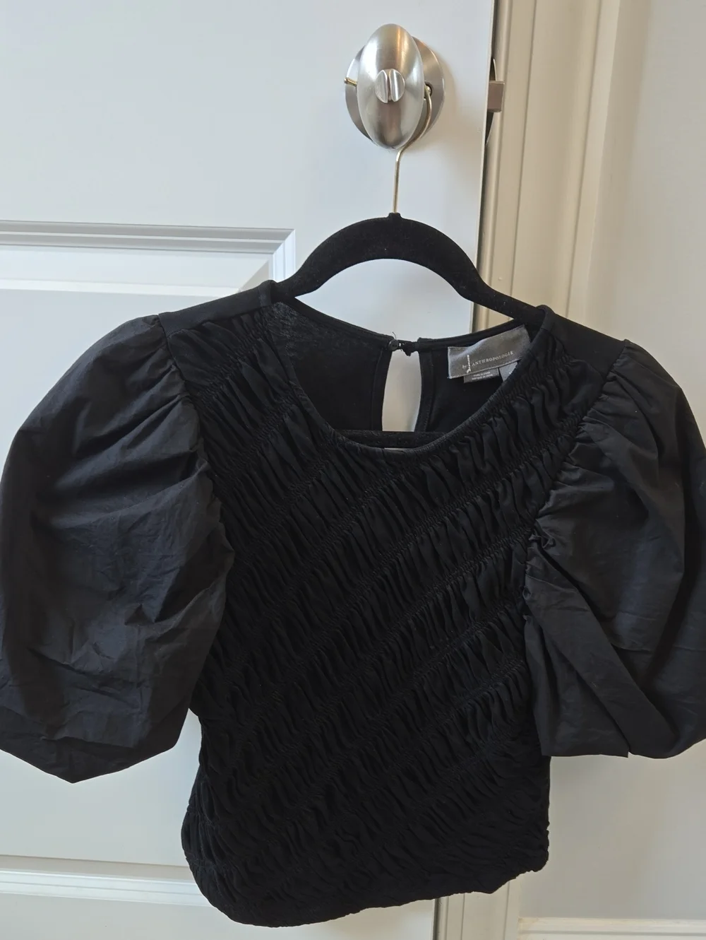 English Factory Mixed Media Smocked Puff Sleeve Top